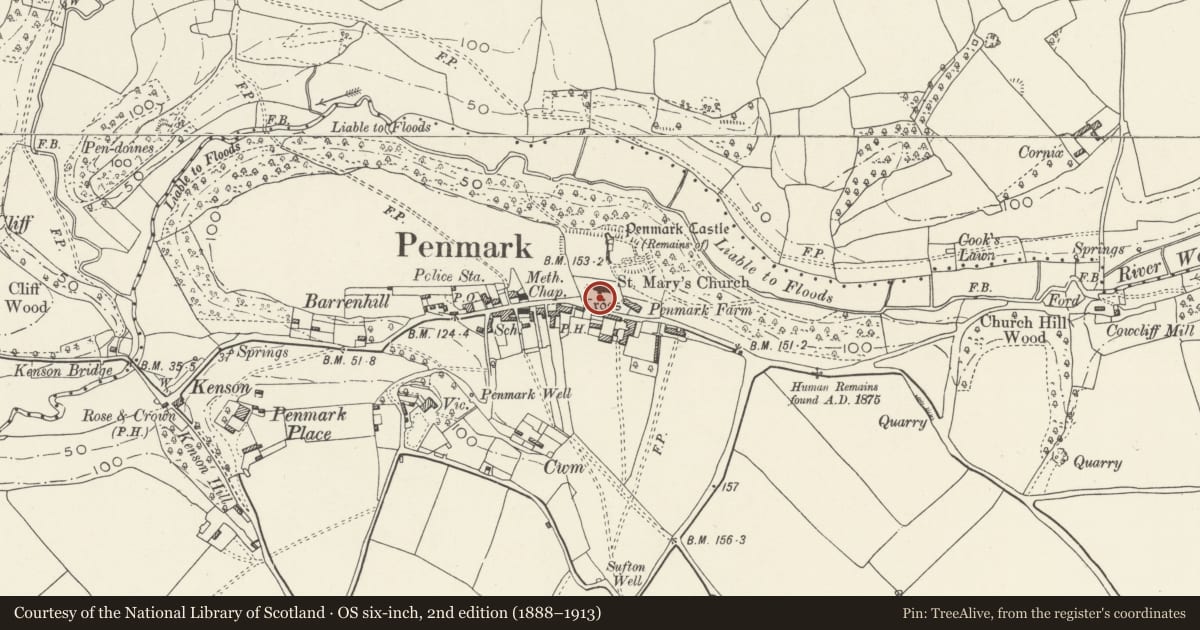 Ordnance Survey six-inch map, 2nd edition (1888–1913) covering the location of Cross in Churchyard at Church of St Mary, Rhoose, Vale of Glamorgan, with a pin at the register's coordinates