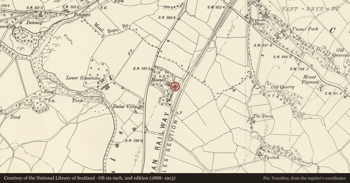 Ordnance Survey six-inch map, 2nd edition (1888–1913) covering the location of Former Coach-House and Stables at Maenol (Maenol Cottage), Llanidloes, Powys, with a pin at the register's coordinates