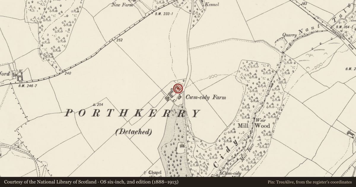 Ordnance Survey six-inch map, 2nd edition (1888–1913) covering the location of Cwm-cidy Farm, Rhoose, Vale of Glamorgan, with a pin at the register's coordinates