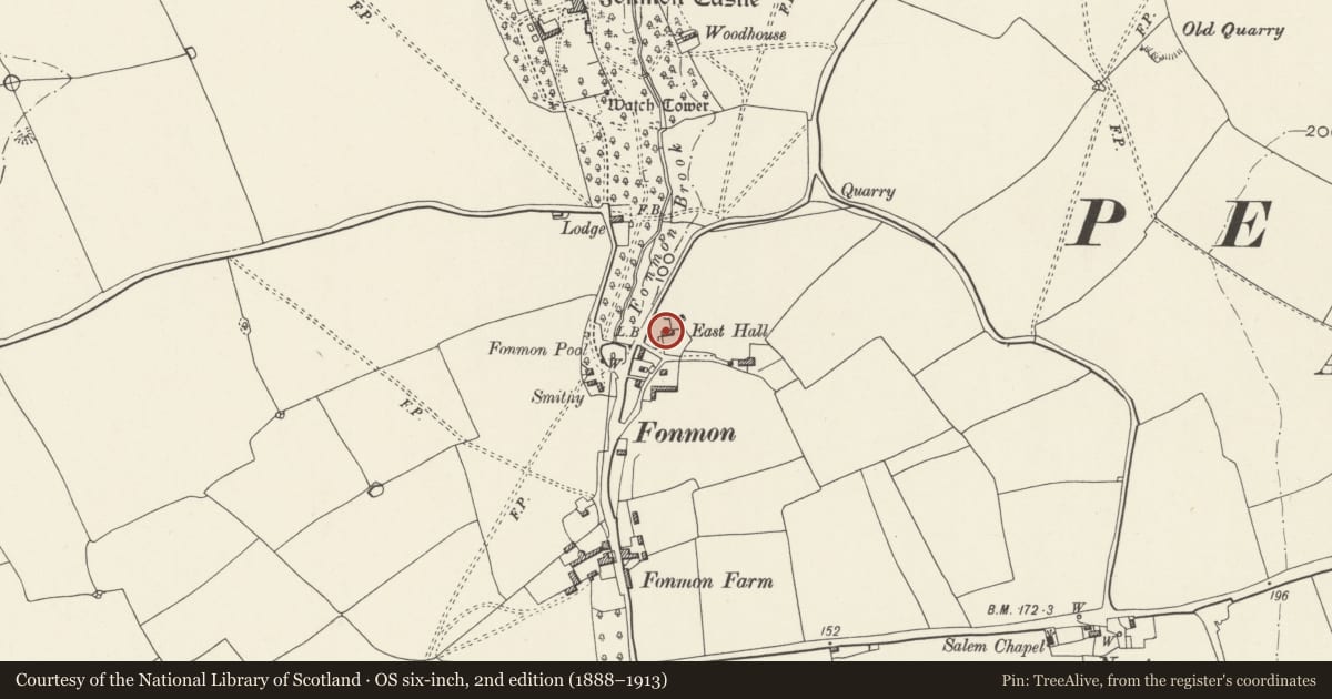 Ordnance Survey six-inch map, 2nd edition (1888–1913) covering the location of East Hall (aka Rosedene), Rhoose, Vale of Glamorgan, with a pin at the register's coordinates