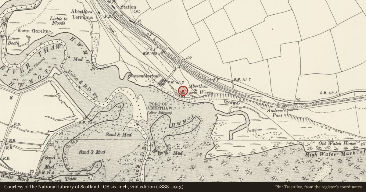 Ordnance Survey six-inch map, 2nd edition (1888–1913) covering the location of East Kilns at Aberthaw Lime and Cement Works, Rhoose, Vale of Glamorgan, with a pin at the register's coordinates