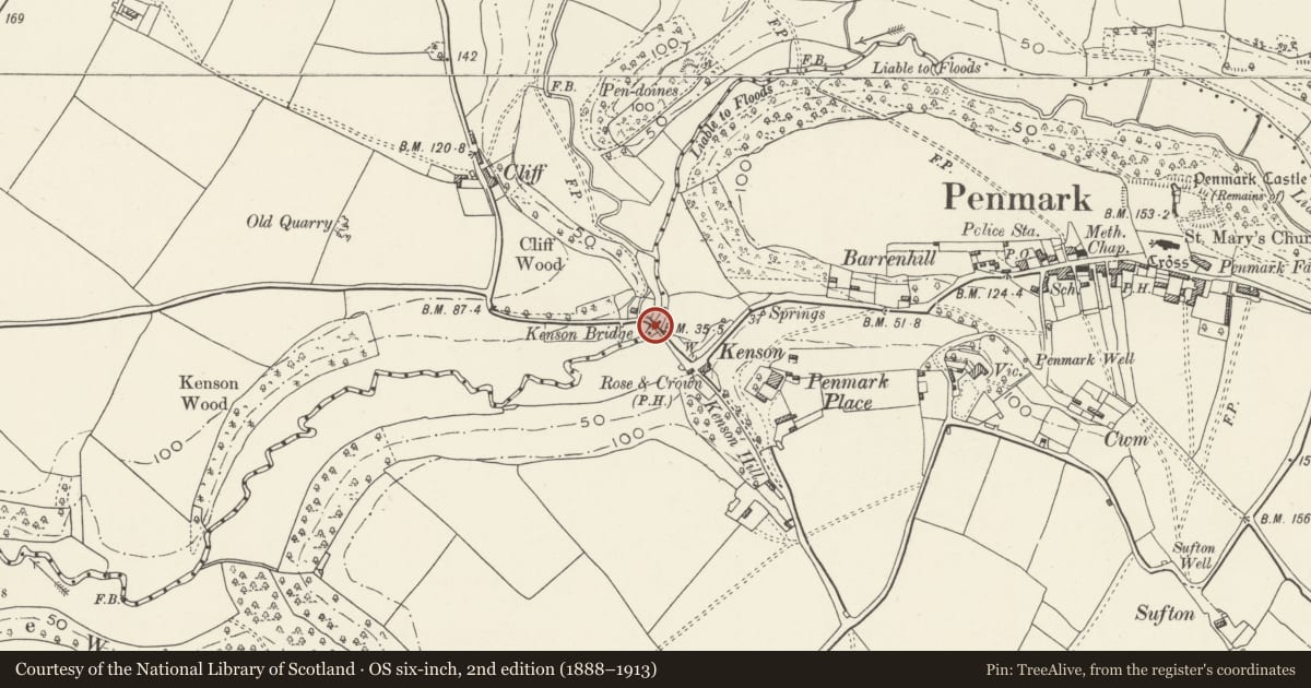 Ordnance Survey six-inch map, 2nd edition (1888–1913) covering the location of Kenson Bridge, Rhoose, Vale of Glamorgan, with a pin at the register's coordinates