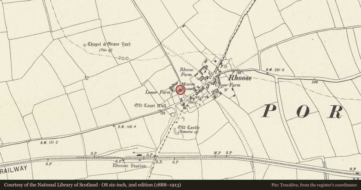 Ordnance Survey six-inch map, 2nd edition (1888–1913) covering the location of Lower Farm Cottage with attached garden wall, Rhoose, Vale of Glamorgan, with a pin at the register's coordinates