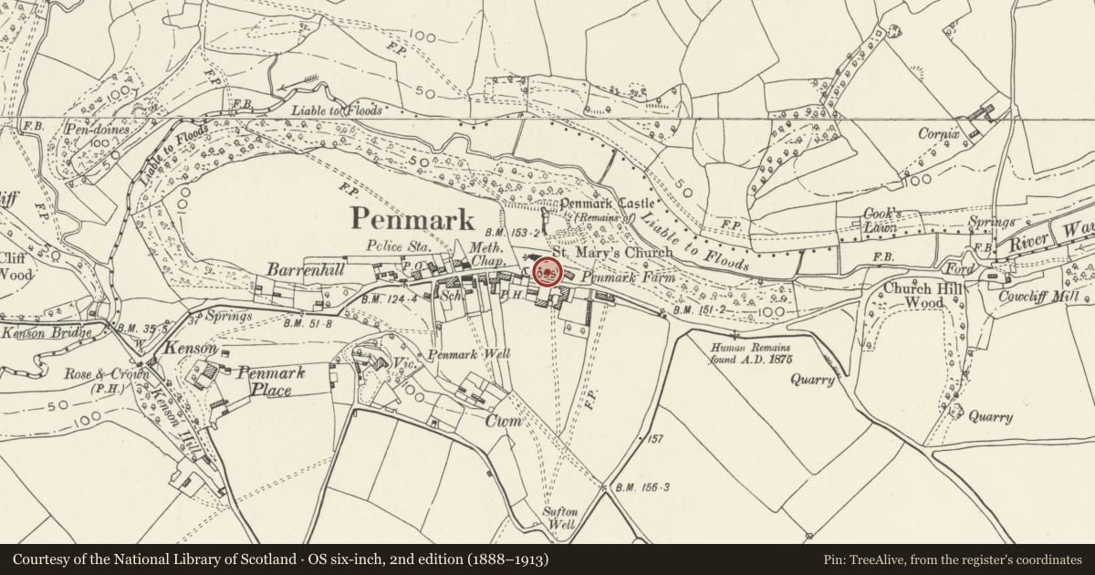 Ordnance Survey six-inch map, 2nd edition (1888–1913) covering the location of Memorial to John and Mary Jenkins in Churchyard of Church of St Mary, Rhoose, Vale of Glamorgan, with a pin at the register's coordinates