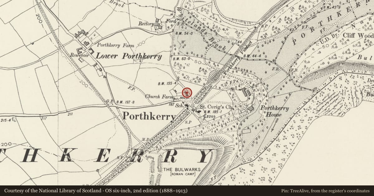 Ordnance Survey six-inch map, 2nd edition (1888–1913) covering the location of Outbuilding to north of Church Farmhouse, Rhoose, Vale of Glamorgan, with a pin at the register's coordinates