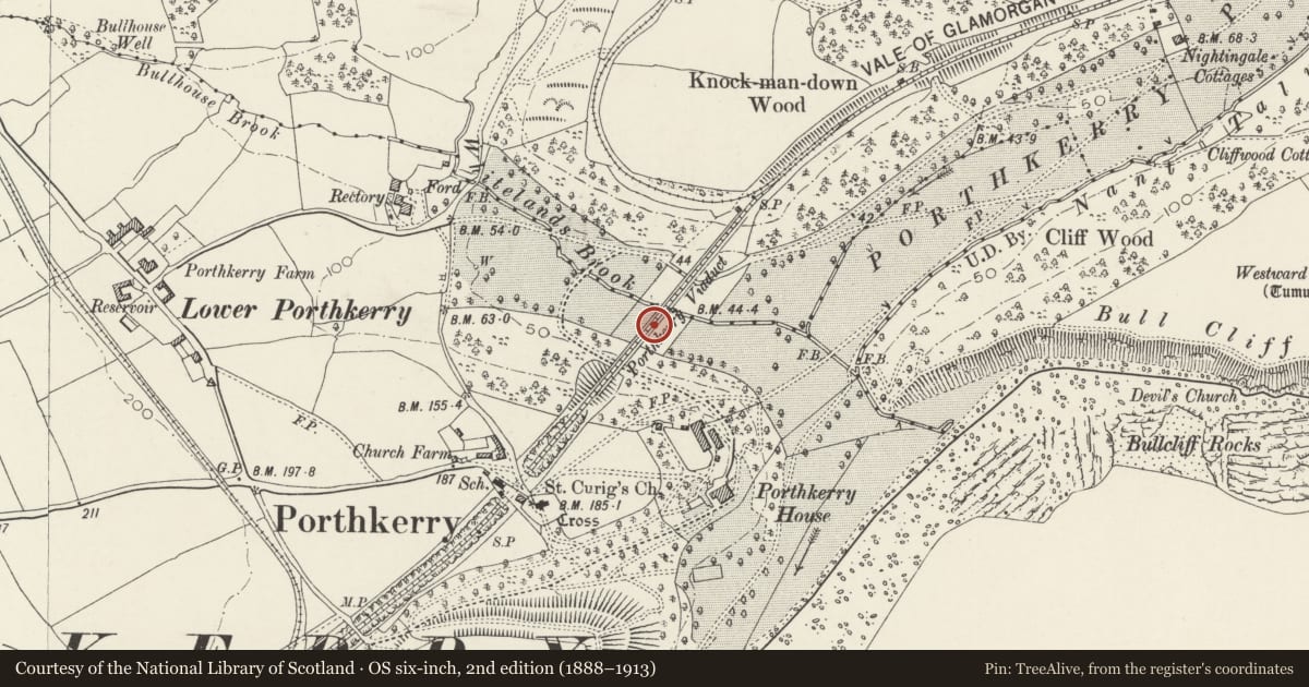 Ordnance Survey six-inch map, 2nd edition (1888–1913) covering the location of Porthkerry Railway Viaduct (partly in the Rhoose community), Barry, Vale of Glamorgan, with a pin at the register's coordinates