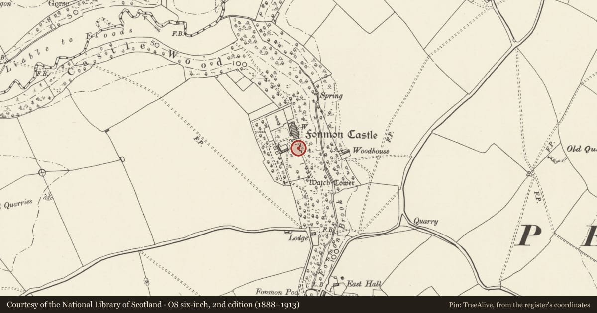 Ordnance Survey six-inch map, 2nd edition (1888–1913) covering the location of Retaining Walls of South Garden at Fonmon Castle, Rhoose, Vale of Glamorgan, with a pin at the register's coordinates