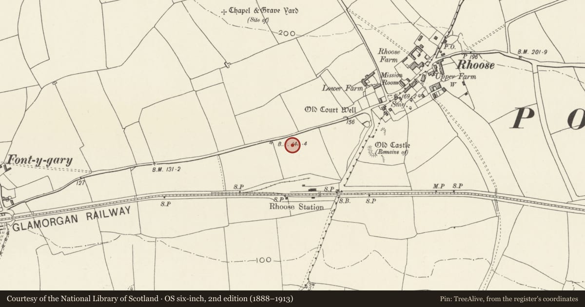 Ordnance Survey six-inch map, 2nd edition (1888–1913) covering the location of Rhoose Council School, Vale of Glamorgan, with a pin at the register's coordinates