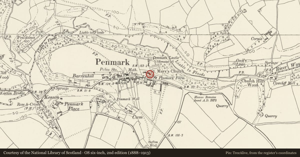 Ordnance Survey six-inch map, 2nd edition (1888–1913) covering the location of Sarah Elizabeth Jones Memorial Cross in the Churchyard of the Church of St Mary, Rhoose, Vale of Glamorgan, with a pin at the register's coordinates