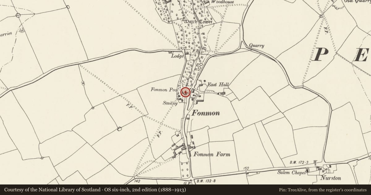 Ordnance Survey six-inch map, 2nd edition (1888–1913) covering the location of Walls surrounding Fonmon Pond including the Bridge and Weir and Well at Fonmon, Rhoose, Vale of Glamorgan, with a pin at the register's coordinates