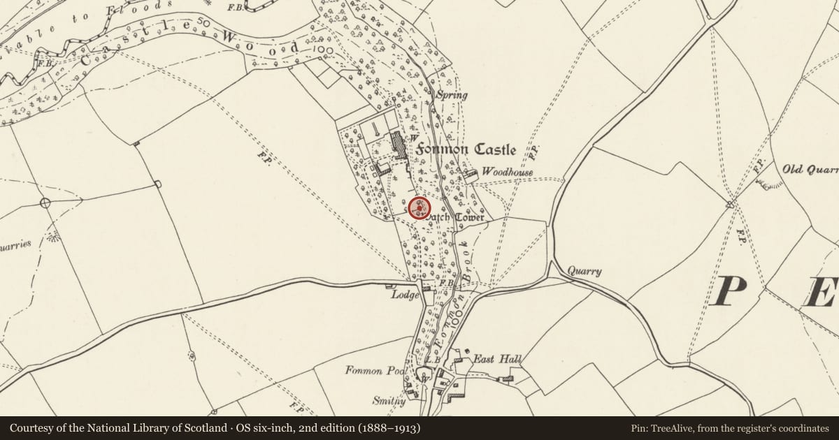 Ordnance Survey six-inch map, 2nd edition (1888–1913) covering the location of Watchtower at Fonmon Castle, Rhoose, Vale of Glamorgan, with a pin at the register's coordinates