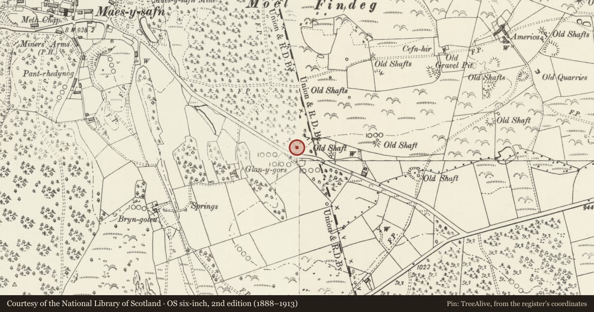 Ordnance Survey six-inch map, 2nd edition (1888–1913) covering the location of Holt Hostel, Llanferres, Denbighshire, with a pin at the register's coordinates