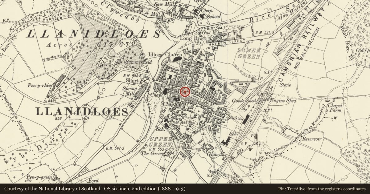 Ordnance Survey six-inch map, 2nd edition (1888–1913) covering the location of Old Market Hall, Llanidloes, Powys, with a pin at the register's coordinates