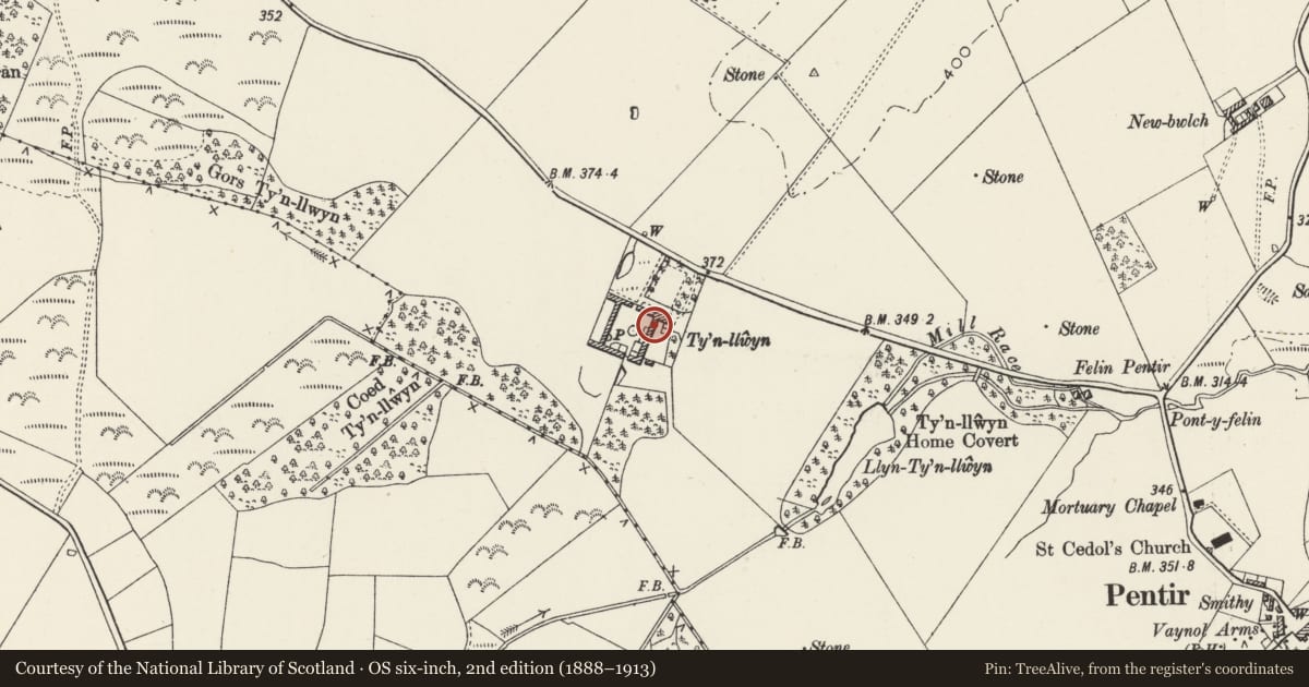 Ordnance Survey six-inch map, 2nd edition (1888–1913) covering the location of Ty'n Llwyn Farm - Cartshed and Granary, Pentir, Gwynedd, with a pin at the register's coordinates