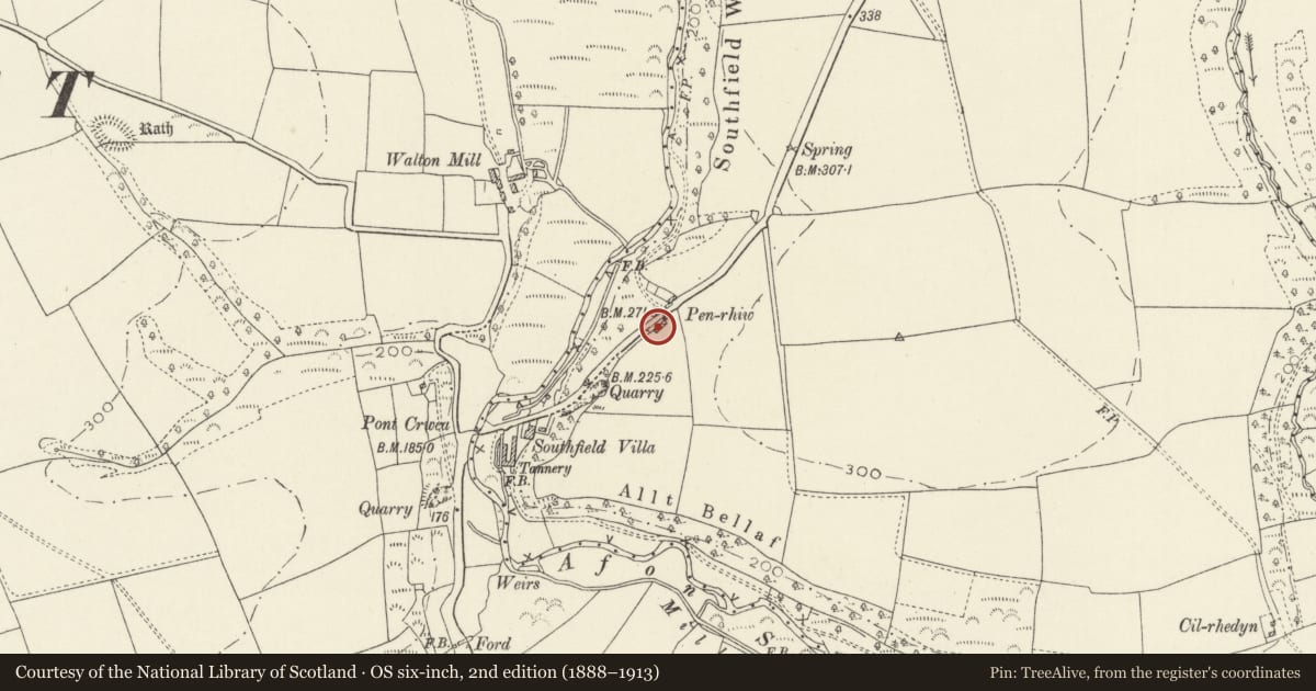 Ordnance Survey six-inch map, 2nd edition (1888–1913) covering the location of 1 and 2 Penrhiw Cottages, New Moat, Pembrokeshire, with a pin at the register's coordinates