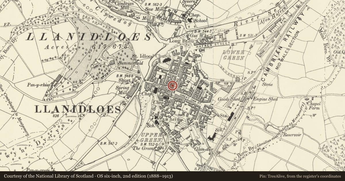 Ordnance Survey six-inch map, 2nd edition (1888–1913) covering the location of Ceri Hill, Llanidloes, Powys, with a pin at the register's coordinates