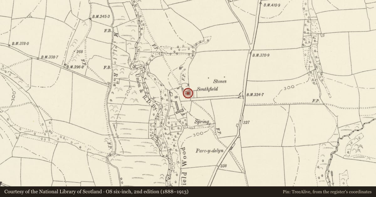 Ordnance Survey six-inch map, 2nd edition (1888–1913) covering the location of Southfield, New Moat, Pembrokeshire, with a pin at the register's coordinates