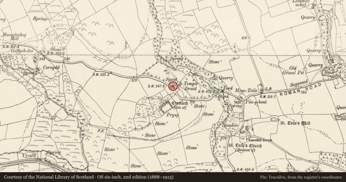 Ordnance Survey six-inch map, 2nd edition (1888–1913) covering the location of No 1 Temple Druid Cottages, Maenclochog, Pembrokeshire, with a pin at the register's coordinates