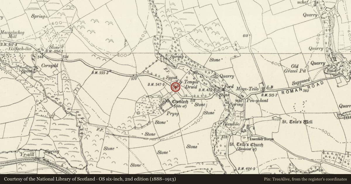 Ordnance Survey six-inch map, 2nd edition (1888–1913) covering the location of No 3 Temple Druid Cottages, Maenclochog, Pembrokeshire, with a pin at the register's coordinates