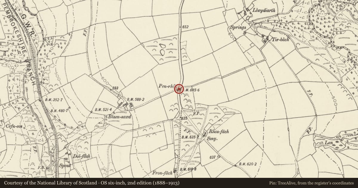 Ordnance Survey six-inch map, 2nd edition (1888–1913) covering the location of Penrhos Cottage, Maenclochog, Pembrokeshire, with a pin at the register's coordinates