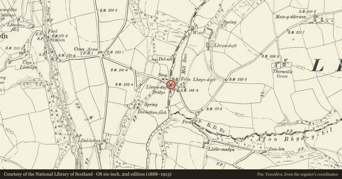 Ordnance Survey six-inch map, 2nd edition (1888–1913) covering the location of Pont Llwyn-dwfr (partly in Clynderwen Community rec no 82471), Maenclochog, Pembrokeshire, with a pin at the register's coordinates