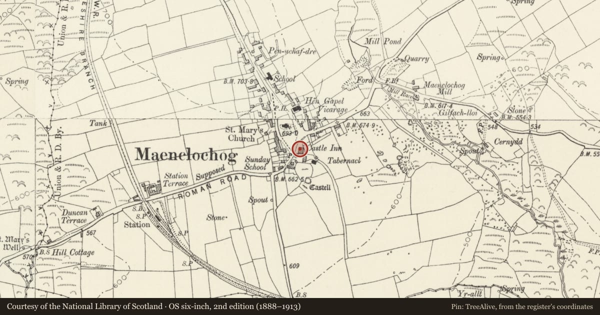 Ordnance Survey six-inch map, 2nd edition (1888–1913) covering the location of The Castle Hotel, Maenclochog, Pembrokeshire, with a pin at the register's coordinates