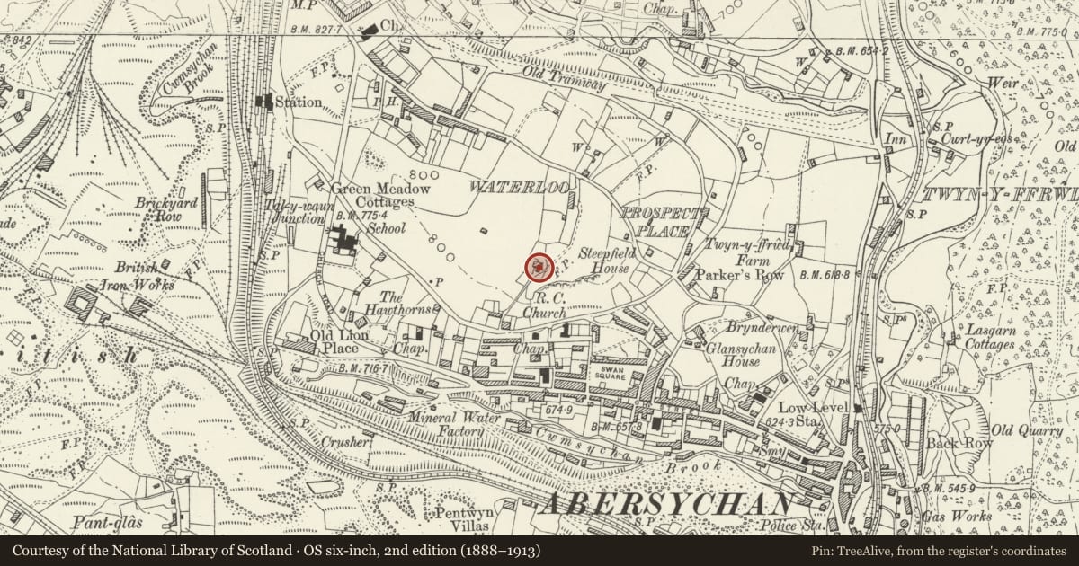 Ordnance Survey six-inch map, 2nd edition (1888–1913) covering the location of Waterloo Cottage, Abersychan, Torfaen, with a pin at the register's coordinates