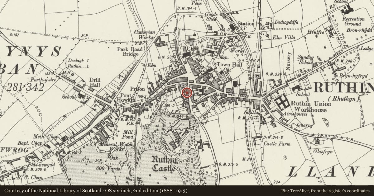 Ordnance Survey six-inch map, 2nd edition (1888–1913) covering the location of Gorphwysfa (former Conservative Club), Ruthin, Denbighshire, with a pin at the register's coordinates