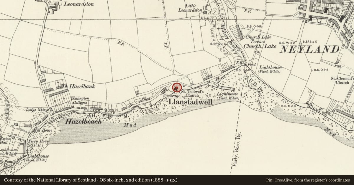 Ordnance Survey six-inch map, 2nd edition (1888–1913) covering the location of Church of Saint Tudwal, Llanstadwell, Pembrokeshire, with a pin at the register's coordinates