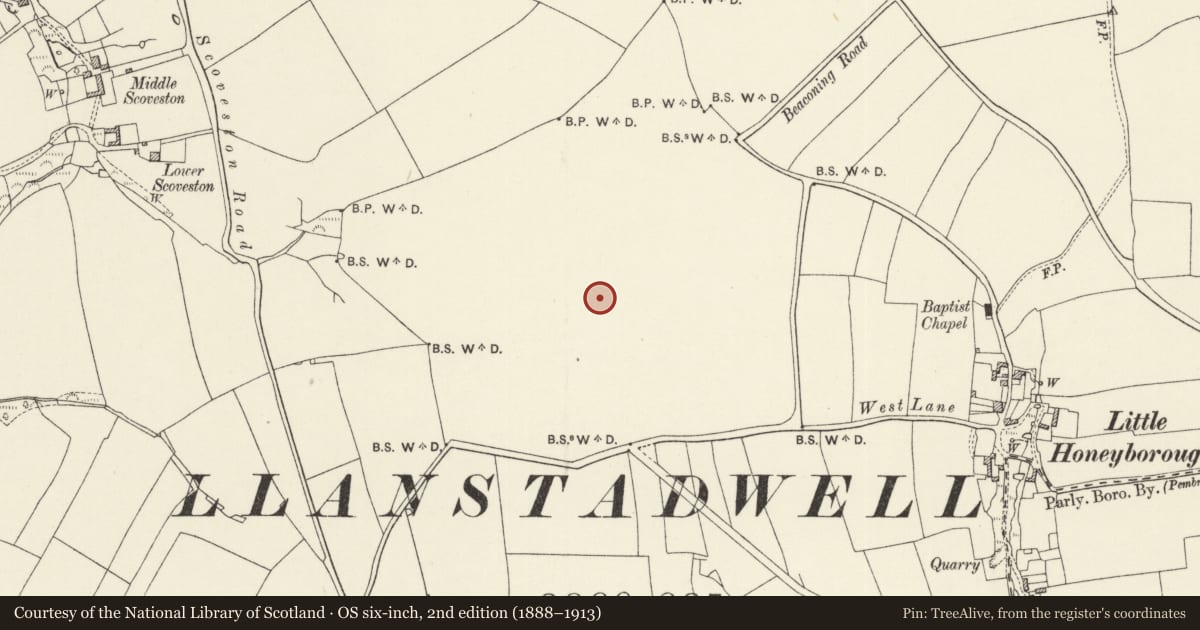 Ordnance Survey six-inch map, 2nd edition (1888–1913) covering the location of Scoveston Fort, Llanstadwell, Pembrokeshire, with a pin at the register's coordinates