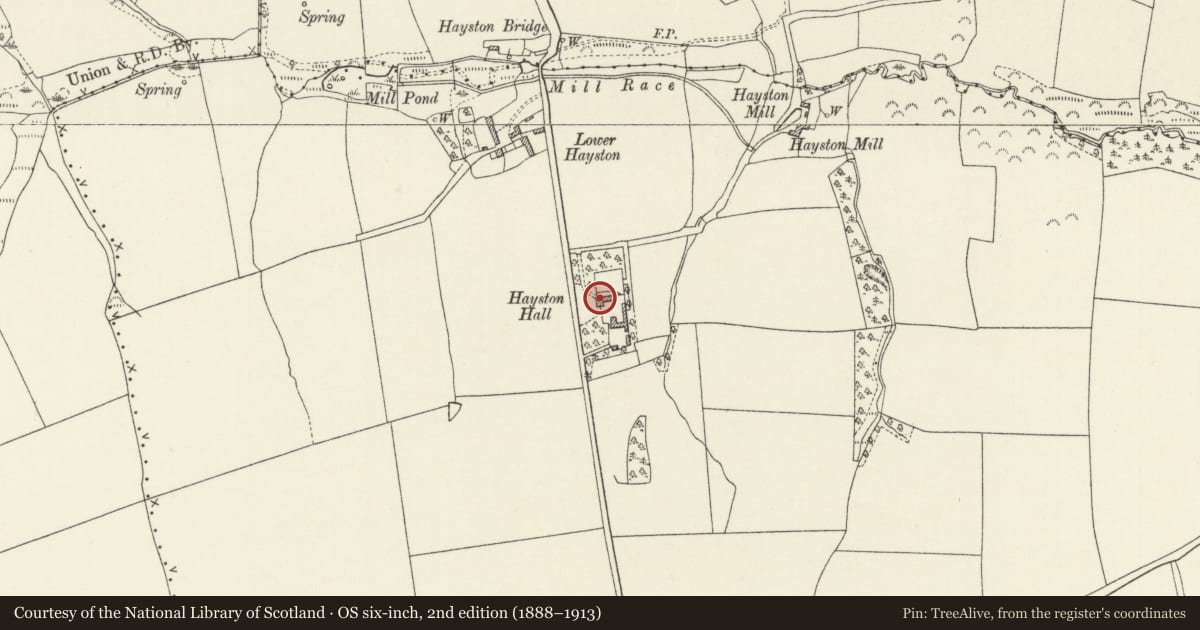 Ordnance Survey six-inch map, 2nd edition (1888–1913) covering the location of Hayston Hall, Llanstadwell, Pembrokeshire, with a pin at the register's coordinates