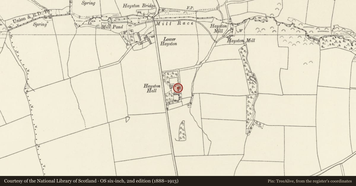 Ordnance Survey six-inch map, 2nd edition (1888–1913) covering the location of Lofted outbuilding at Hayston Hall, Llanstadwell, Pembrokeshire, with a pin at the register's coordinates