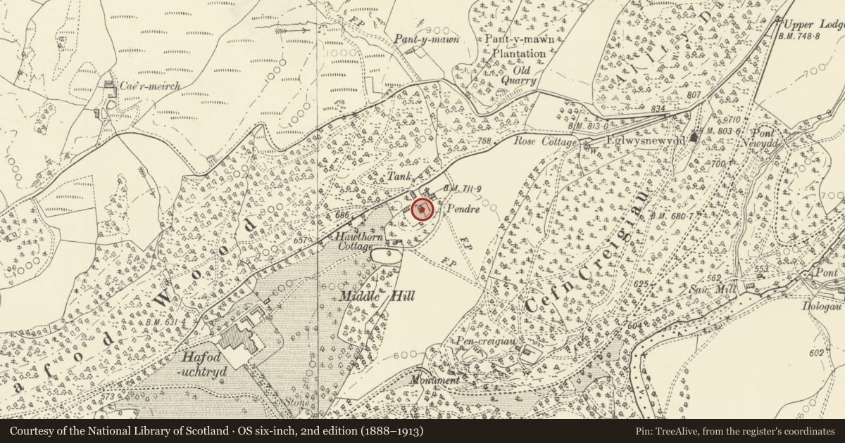 Ordnance Survey six-inch map, 2nd edition (1888–1913) covering the location of Barn at Pendre Farm, Pontarfynach, Ceredigion, with a pin at the register's coordinates