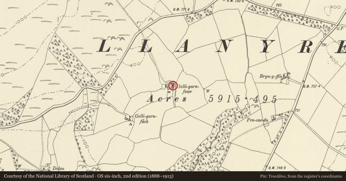 Ordnance Survey six-inch map, 2nd edition (1888–1913) covering the location of Barn & attached farm buildings at Gelligarn Farm, Llanyre, Powys, with a pin at the register's coordinates