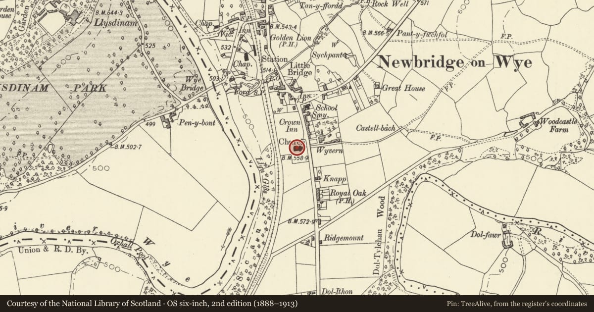 Ordnance Survey six-inch map, 2nd edition (1888–1913) covering the location of Church of All Saints, Llanyre, Powys, with a pin at the register's coordinates