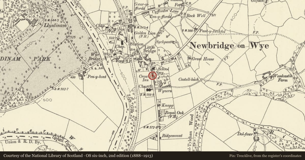 Ordnance Survey six-inch map, 2nd edition (1888–1913) covering the location of Crown Hotel, Llanyre, Powys, with a pin at the register's coordinates