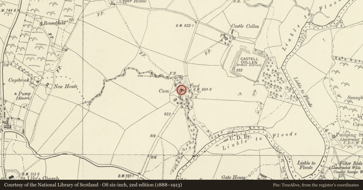 Ordnance Survey six-inch map, 2nd edition (1888–1913) covering the location of Cwm Farmhouse, Llanyre, Powys, with a pin at the register's coordinates