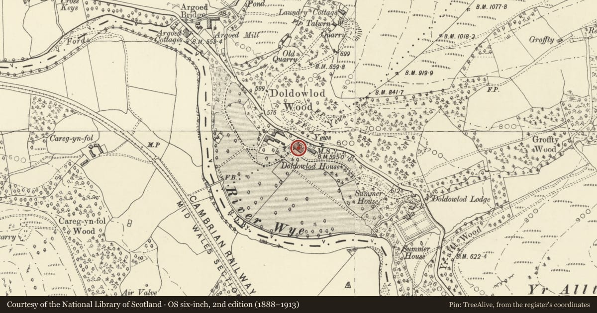 Ordnance Survey six-inch map, 2nd edition (1888–1913) covering the location of Doldowlod House (part in Nantmel), Llanyre, Powys, with a pin at the register's coordinates