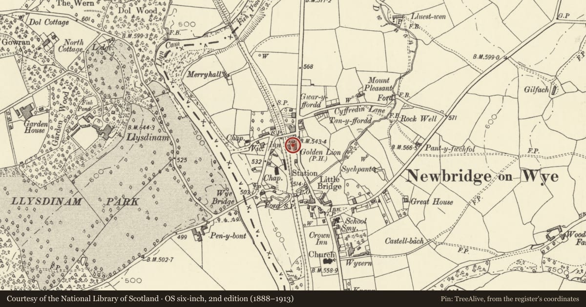 Ordnance Survey six-inch map, 2nd edition (1888–1913) covering the location of Former shop attached to Golden Lion public house, Llanyre, Powys, with a pin at the register's coordinates