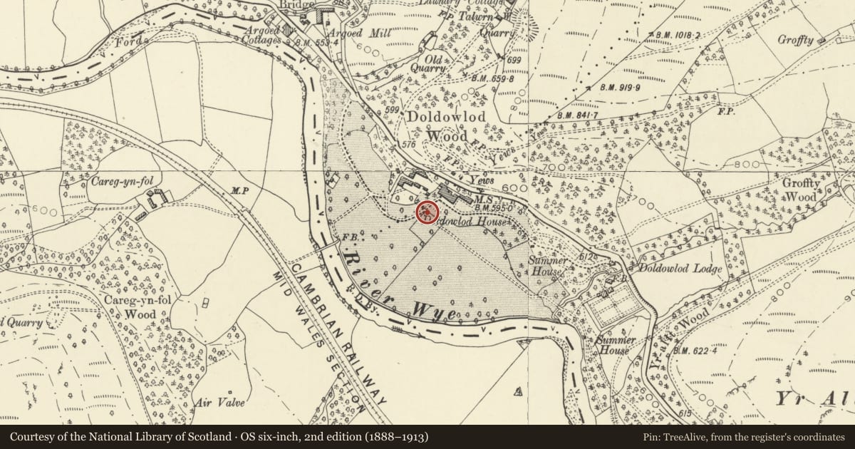 Ordnance Survey six-inch map, 2nd edition (1888–1913) covering the location of Garden & courtyard walls on W and SW sides of Doldowlod House (partly in Nantmel), Llanyre, Powys, with a pin at the register's coordinates