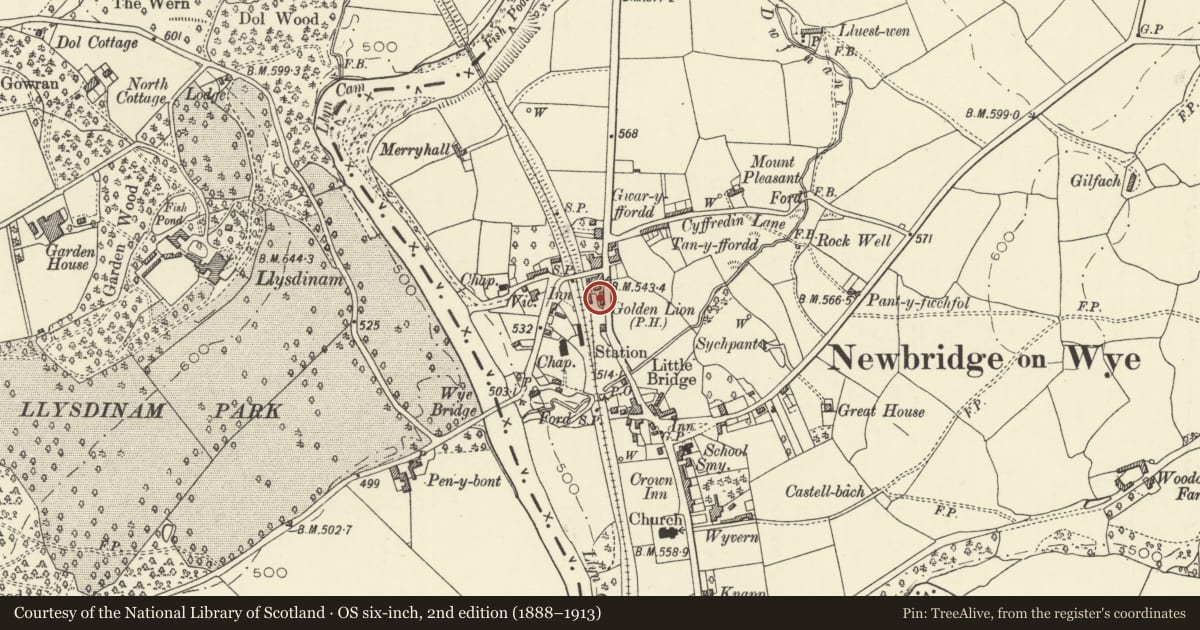 Ordnance Survey six-inch map, 2nd edition (1888–1913) covering the location of Golden Lion public house, Llanyre, Powys, with a pin at the register's coordinates