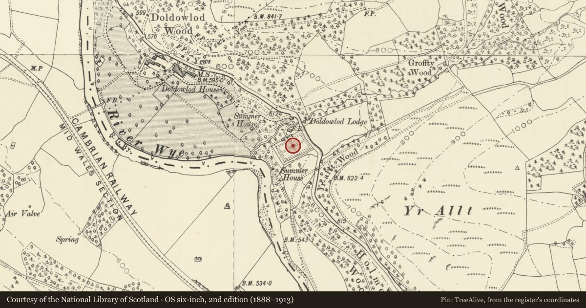 Ordnance Survey six-inch map, 2nd edition (1888–1913) covering the location of Kitchen garden walls at Doldowlod House, Llanyre, Powys, with a pin at the register's coordinates