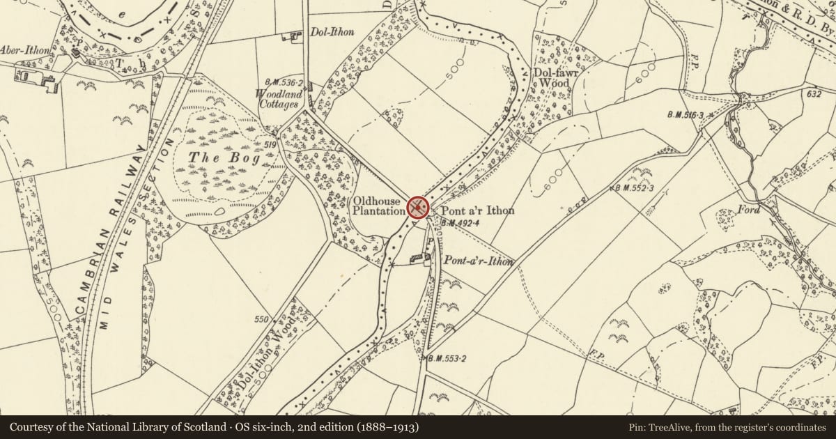 Ordnance Survey six-inch map, 2nd edition (1888–1913) covering the location of Pont ar Ithon (partly in Disserth and Trecoed), Llanyre, Powys, with a pin at the register's coordinates
