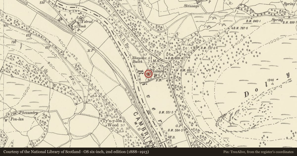 Ordnance Survey six-inch map, 2nd edition (1888–1913) covering the location of The Holmes, Llanyre, Powys, with a pin at the register's coordinates