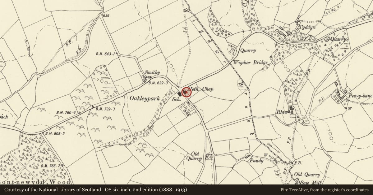 Ordnance Survey six-inch map, 2nd edition (1888–1913) covering the location of Chapel House & Sunday School, Llanidloes Without, Powys, with a pin at the register's coordinates