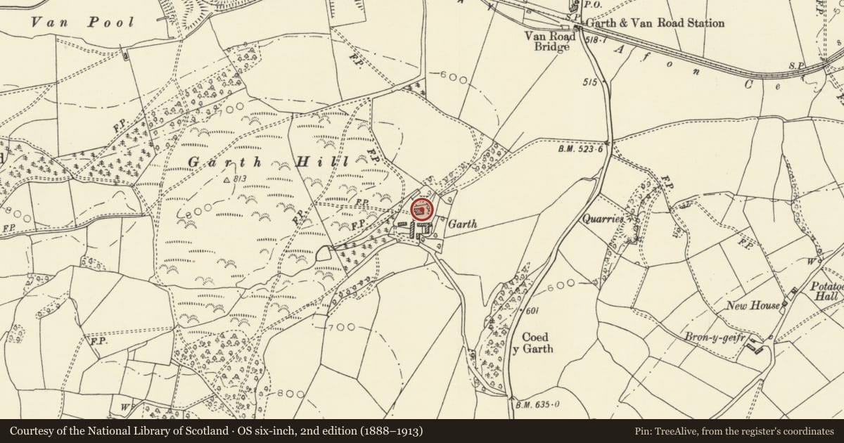 Ordnance Survey six-inch map, 2nd edition (1888–1913) covering the location of The Garth Farmhouse, Llanidloes Without, Powys, with a pin at the register's coordinates
