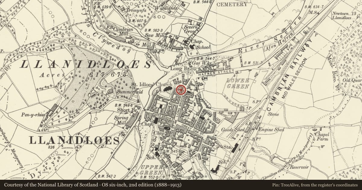 Ordnance Survey six-inch map, 2nd edition (1888–1913) covering the location of Turner's Hair Fashions, Llanidloes, Powys, with a pin at the register's coordinates