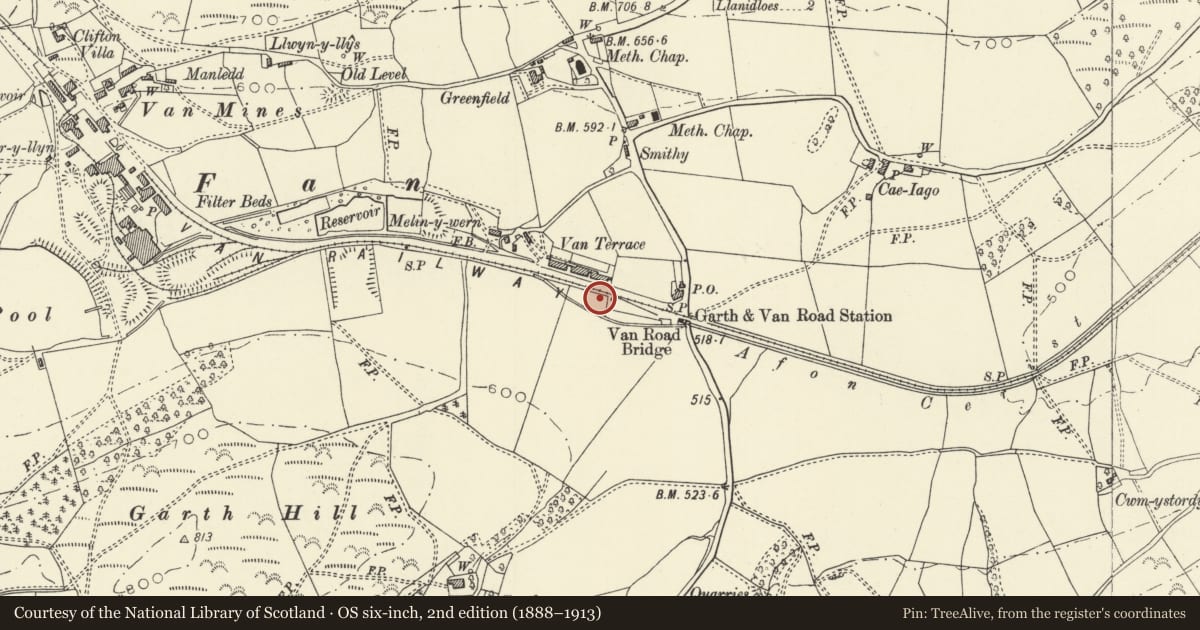 Ordnance Survey six-inch map, 2nd edition (1888–1913) covering the location of Village Institute, Van, Llanidloes Without, Powys, with a pin at the register's coordinates