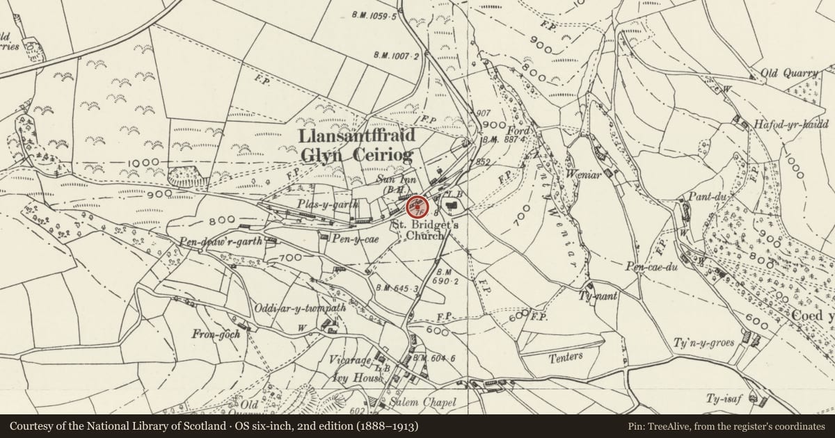 Ordnance Survey six-inch map, 2nd edition (1888–1913) covering the location of Telephone call box opposite Nos 1 & 2 Orley House, Llansantffraid Glyn Ceiriog, Wrexham, with a pin at the register's coordinates