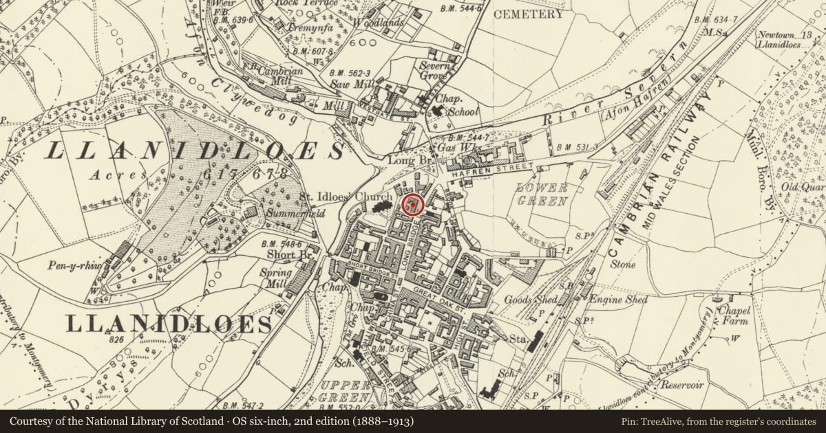 Ordnance Survey six-inch map, 2nd edition (1888–1913) covering the location of 22 Long Bridge Street, Llanidloes, Powys, with a pin at the register's coordinates